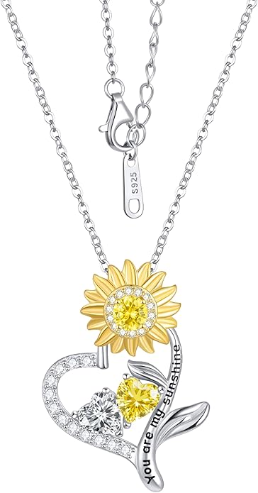 PERJI Valentine's Day Gifts for Women - 925 Sterling Silver Double Birthstone Sunflower Necklace, Anniversary Birthday Jewelry You are My Sunshine Gifts for Wife Couple Girlfriend 18"+2" Non Tarnish