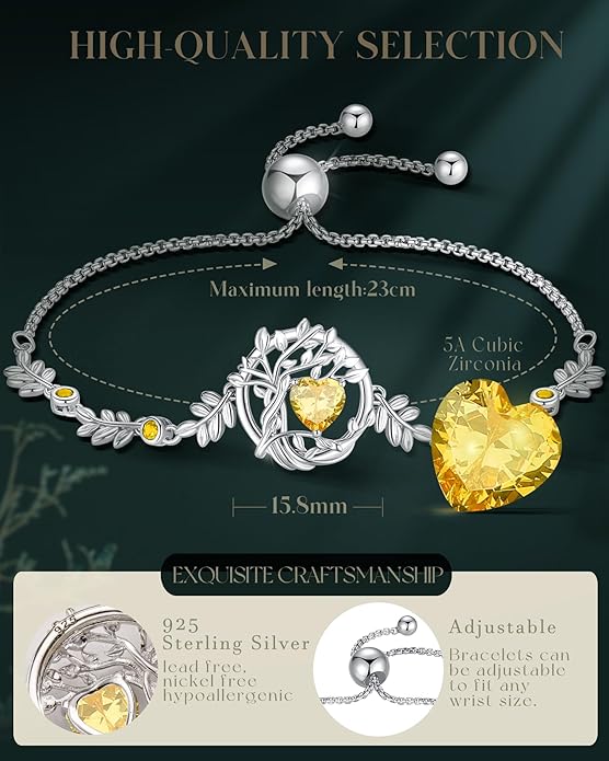 FANCIME Tree of life Birthstone Bracelet for Women Sterling Silver Tree Jewelry Birthstone Charm Bracelet Gemstone Anniversary Birthday Christmas Gifts for Wife Mom Her