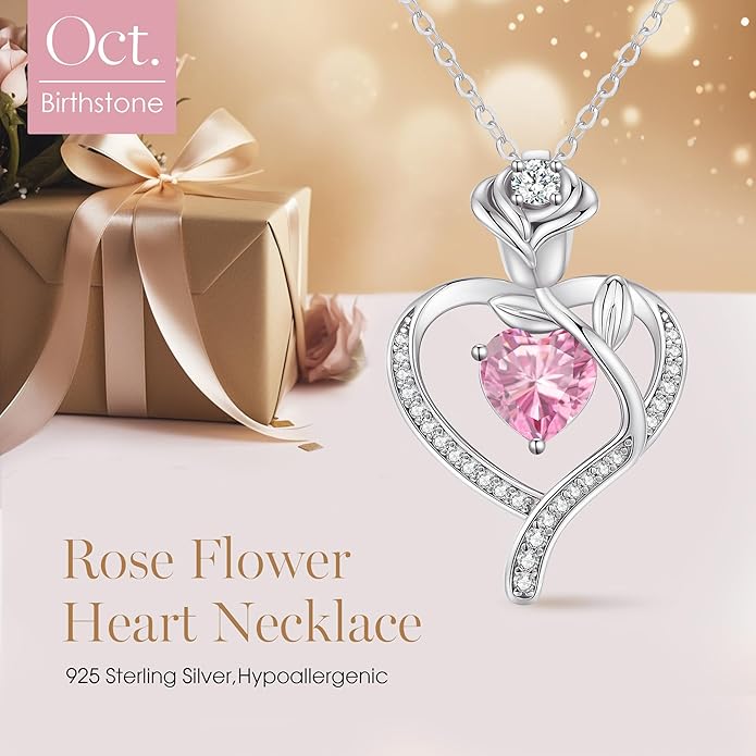 LOUISA SECRET Rose Flower Heart Birthstone Necklaces for Women, 925 Sterling Silver Fine Jewelry, Pendant Heart Necklaces Birthday Anniversary Christmas Gift for Women Wife Mom Girlfriend Lady