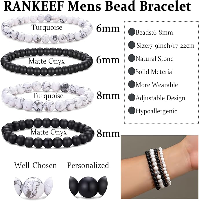 RANKEEF Mens Bead Bracelet Set - Adjustable Elastic Rope With 6&8MM Natural Stone Multi-Colored Beads - Tiger Eye Bracelets for Men - Gift