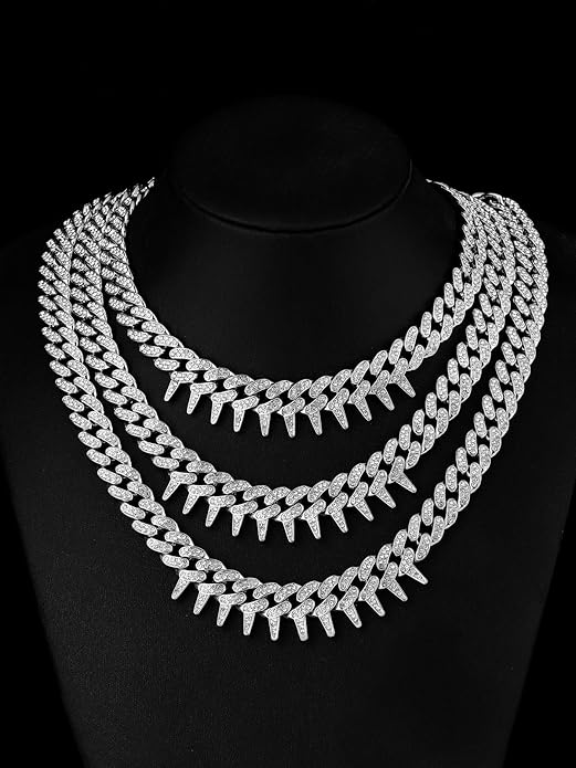 HH BLING EMPIRE Mens Gold Silver Plated Spike Cuban Link Chain Necklace and Bracelet Sets, Chunky Iced Out Diamond Miami Cuban Link Chains Hip Hop Jewelry