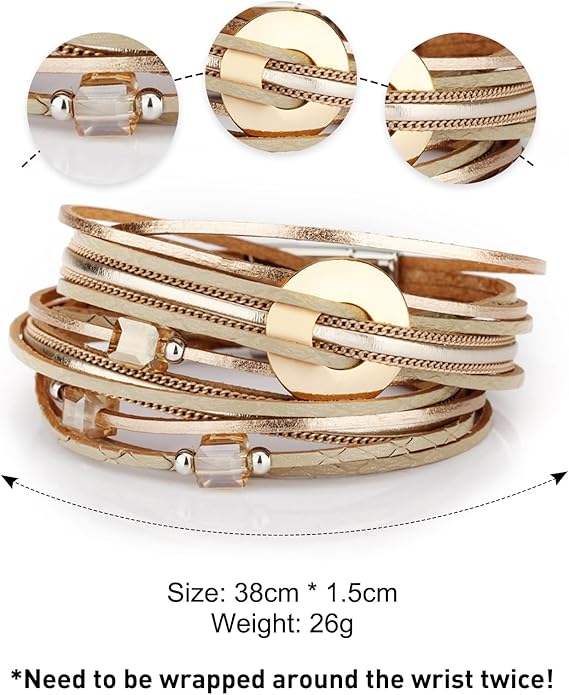 Fesciory Leather Wrap Bracelets for Women, Boho Leopard Multi-Layer Crystal Beads Cuff Bracelet Jewelry