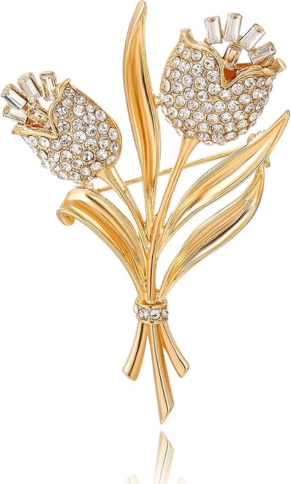 DONABUS Crystal Brooch Vintage Floral Gold Pin Micro Pave Daisy/Tulip Rhinestone Embellishment for Women Holiday styles.
