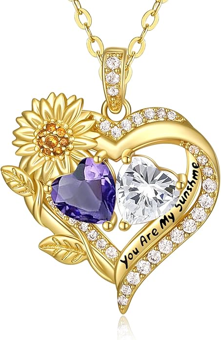Sunflower Heart Necklace for Women 14K Gold Exquisite Anniversary Birthday Gifts for Wife Mother Her Double Birthstone Pendant jewelry‘You Are My Sunshine’