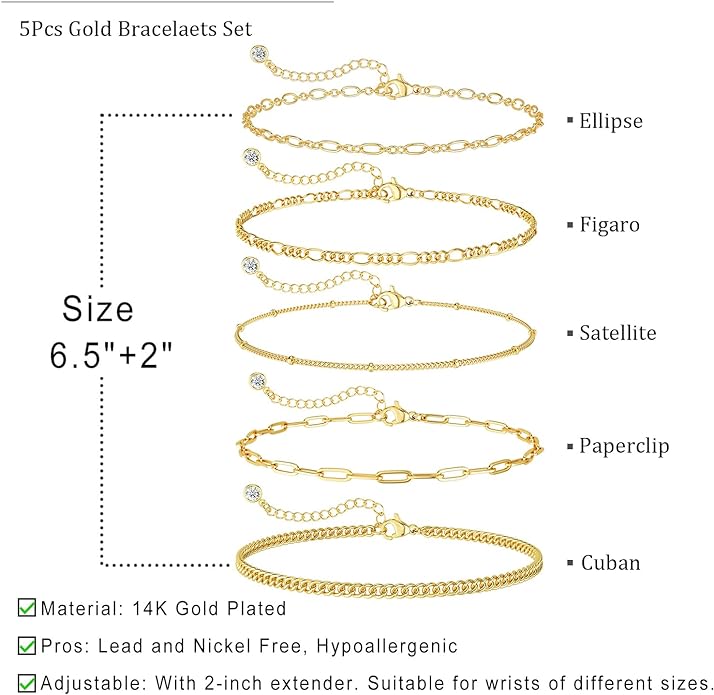 DEARMAY 14K Gold Plated Bracelets for Women Waterproof, Jewelry Sets Trendy Thin Dainty Stackable Cuban Link Paperclip Chain Bracelet Pack Fashion Accessories Gifts for Womens