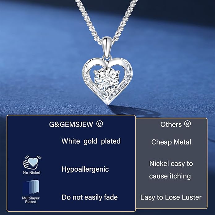 G&GEMSJEW Heart Necklaces for Women, 1-2 Carats Moissanite, 18K White Gold-Plated 925 Sterling Silver Round Brilliant Cut Moissanite Imitation Diamond Necklaces, Jewelry Gifts for Christmas Valentine's Day,Anniversary Present for Wife Women