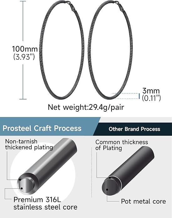 PROSTEEL 30/40/60/80/100mm Chunky Hoop Earrings For Women Gold Plated/Black Stainless Steel Hoops Earrings Statement Jewelry