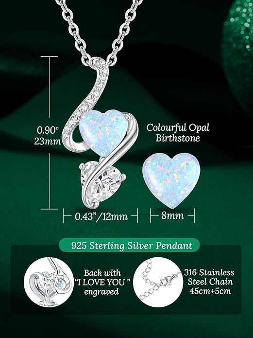 LOUISA SECRET 925 Sterling Silver Opal Birthstone Necklace, Unique Tiny Double Heart Pendant Jewelry, Engraved with "S925 I Love You" Best Birthday Gift for Women Wife Girlfriend Mom Her, Christmas Day Valentine's Day Anniversary Mother's Day