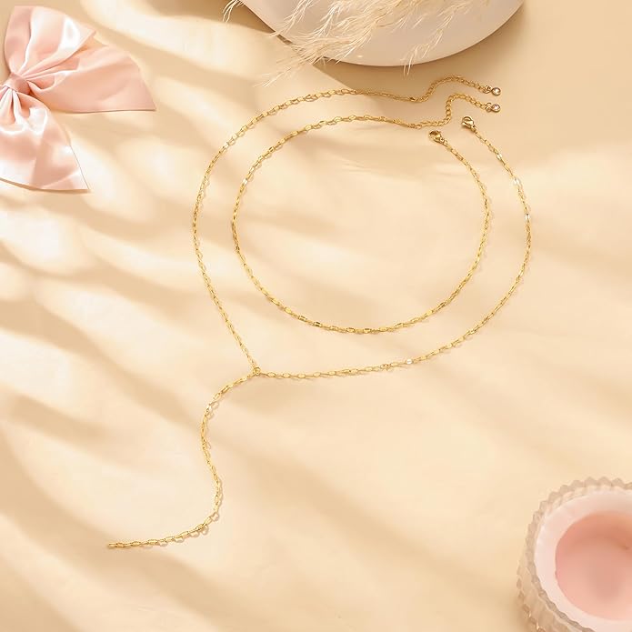 LOVELUCK Long Lariat Necklace for Women,Dainty Layered Y-Shaped Necklaces 14k Gold/Silver Plated Drop Chain Trendy Christmas Jewelry Gifts