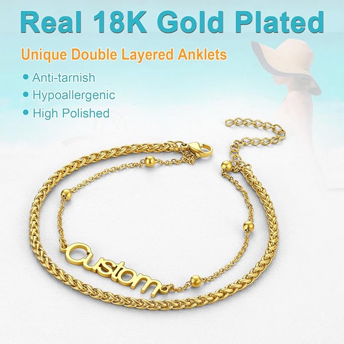 U7 Custom Layered Ankle Bracelets for Women Stainless Steel Bead/Cuban/Figaro/Rope/Wheat Chain Anklet Waterproof Anklet Jewelry for Beach Vacation