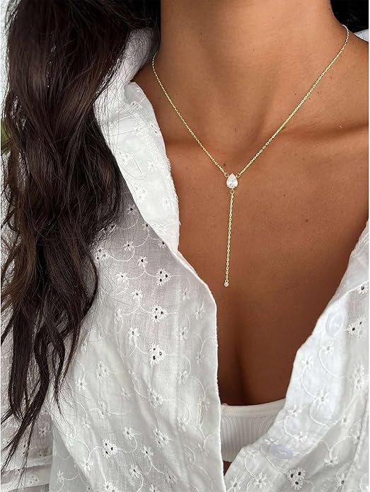 Lariat Necklace for Women, Dainty 14K Gold/Silver Plated Long Necklaces for Women Trendy Simple Layered Y-Shaped Drop Pendant Necklace Adjustable Gold Jewelry Gifts For Her Christmas Stocking Stuffer