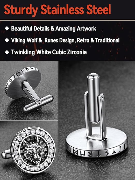 FaithHeart Mens Cufflinks, Norse Viking Tuxedo Shirt Cuff Links, Stainless Steel Cuff Links and Shirt Studs, Gift Box