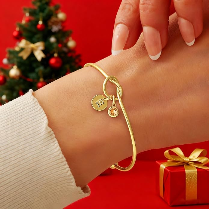 Turandoss Christmas Gifts for Grandkids, Dainty 14K Gold Plated 12 Months Disc Initial Birthstone Heart Knot Bangle Bracelet Birthday Bridesmaid Bracelet Jewelry for Women Girls