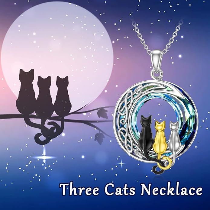 TOUPOP Christmas Cat Gifts for Cats Lovers One Two Three Four Cats Necklace Sterling Silver Cats on the Moon Pendant Necklace with Blue Circle Crystal Birthday Christmas Celtic Jewelry Gifts for Women
