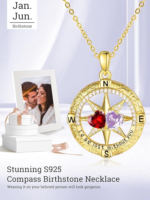 Zeuslia Double Birthstone Necklace Gifts for Wife - 925 Sterling Silver Sunflower/Rose/Crown Cross/Compass/Heart Pendant I Love You Necklace, Anniversary Birthday Gifts for Wife Girlfriend Mom Her