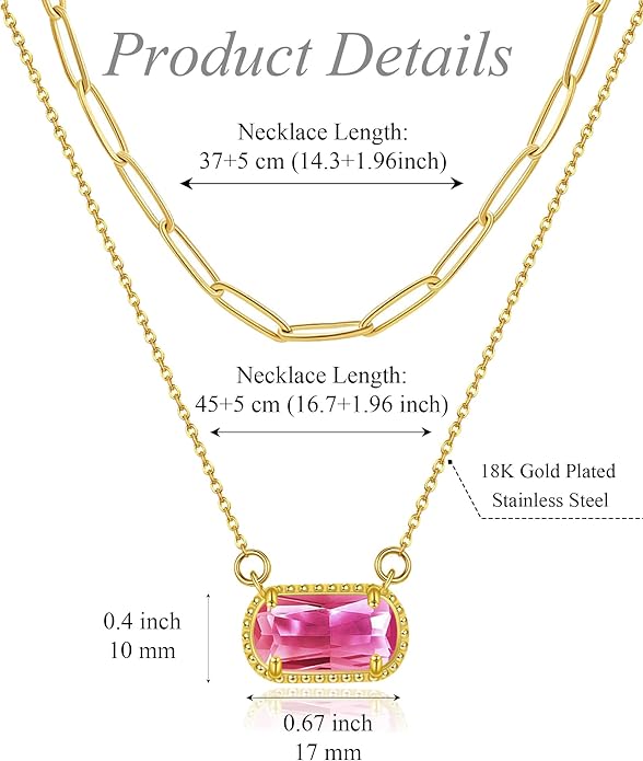 Lourny Gemstone Birthstone Pendant Layered Necklace for Women Trendy, 18K Gold Plated Paperclip Chain Preppy Choker Charm Necklace for Women Wife Jewelry