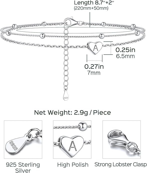 ChicSilver Sterling Silver Anklets for Women 925 Ankle Bracelets for Women Layered Heart Anklet With Beaded Anklets for Women