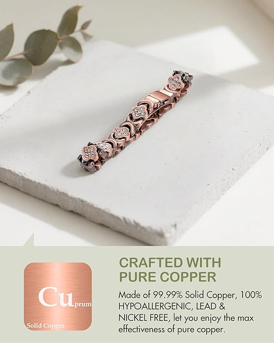 Feraco Pure Copper Bracelets for Women, Ultra Strength Magnetic Therapy Bracelet for Pain Relief with Neodymium Magnets & Sparkling Cubic Zirconia, Adjustable, Infinite Clover Jewelry