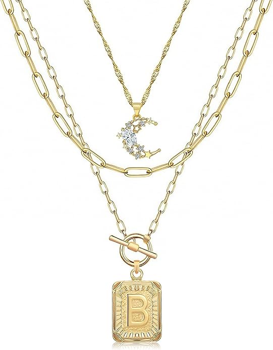 MJartoria Layered Initial Necklaces for Women Trendy, 14K Gold Plated Brass Simple Moon Choker Square Letter Pendant Necklace, Paperclip Chain Necklaces Jewelry Gifts
