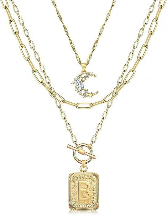 MJartoria Layered Initial Necklaces for Women Trendy, 14K Gold Plated Brass Simple Moon Choker Square Letter Pendant Necklace, Paperclip Chain Necklaces Jewelry Gifts