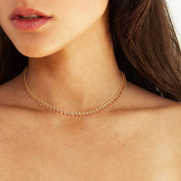 MTMY Beaded Necklaces for Women 14K Gold Plated Dainty Colorful Green/Rose Beaded Pearl Choker Necklace Delicate Boho Choker Necklace Jewelry Gift
