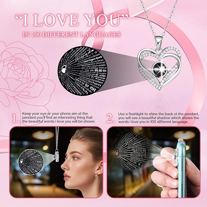 Preserved Pink Real Rose Flowers in Box with I Love You in 100 Languages Necklace - Unique Gift for Women Mom Wife Girlfriend on Mother's Day Valentine's Day, Birthday, Christmas