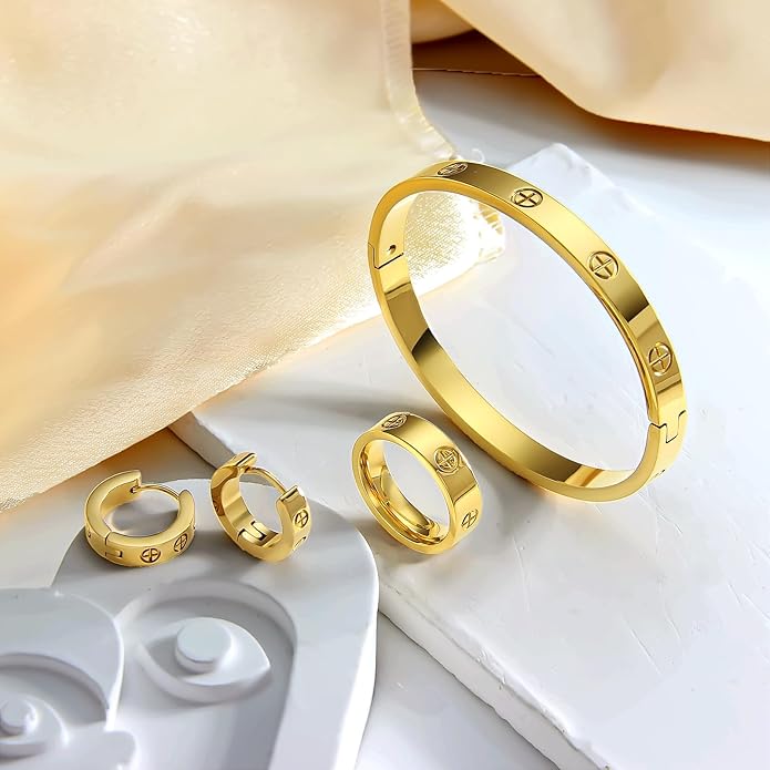 3 Pcs Hoop Earrings Bracelets Ring Sets for Women-18K Gold Plated Love Bracelet Cubic Zirconia Cuff Bangle Hoop Earrings Friendship Love Ring Jewelry Set,Wedding Party Christmas Valentine's Day Birthday Gifts for Her Girlfriend Sister Daughter