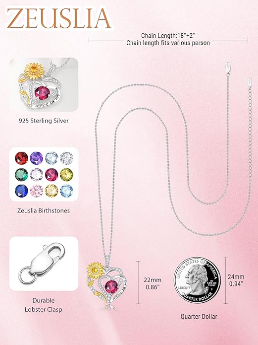 Zeuslia Double Birthstone Necklace Gifts for Wife - 925 Sterling Silver Sunflower/Rose/Crown Cross/Compass/Heart Pendant I Love You Necklace, Anniversary Birthday Gifts for Wife Girlfriend Mom Her