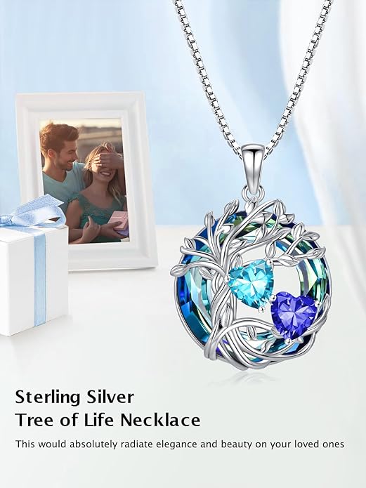 TOUPOP s925 Sterling Silver Family Celtic Tree of Life Pendant Necklaces with 2 Heart Birthstone with Blue Austrian Crystal Jewelry Birthday Anniversary Christmas Gifts for Her Wife Girlfriend Mom (18K Real White Gold Filled)
