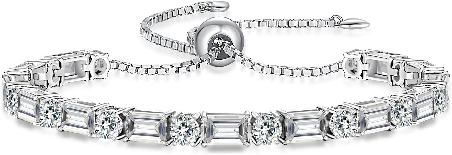 Birthstone Tennis Bracelets for Women White Gold Sterling Silver Gemstone Bracelets Adjustable Chain 6-9 Inchs Jewelry Anniversary Birthday Gifts for Women Mom Wife Her