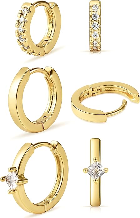 micuco 3 Pairs Small Hoop Earrings Set for Women, 14K Gold Plated Huggie Hoop Earrings for Men, Tiny Cartilage Hypoallergenic Earring Set