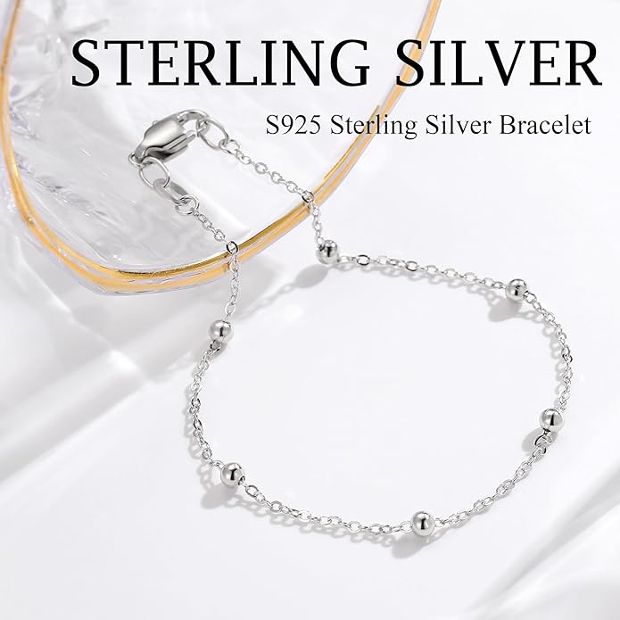 IEFWELL S925 Sterling Silver Bracelet for Women - Solid 14K-Real-Gold-Plated Satellite Bead Chain Bracelet, 6.5/7/7.5/8/8.5/9 Inches Sterling Silver Chain Bracelets, Jewelry Gifts for Women