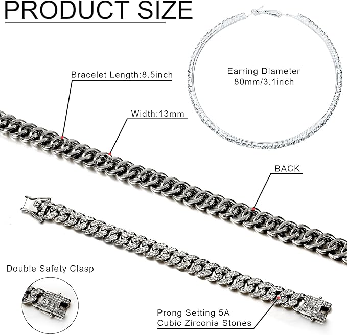 Batiyeer 3 Pcs Cuban Link Chain Necklace Bracelet Rhinestone Hoop Earrings Bling Crystal Hip Hop Jewelry for Women(18 Inch,Steel Black)