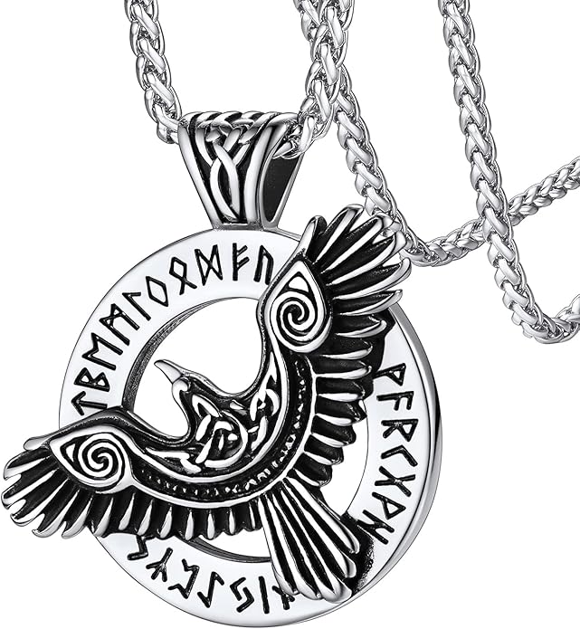 FaithHeart Viking Raven Necklace for Men, Norse Mythology Raven Skull Pendant Sturdy Stainless Steel Amulet Jewelry Gift for Men