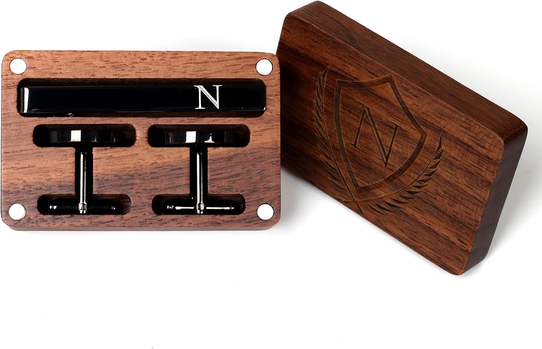 Mens Initial Cufflinks and Tie Clip A-Z Alphabet Letter Black Stainless Cuff Links Tie Bar with Engraved Walnut Wood Box Groom Groomsman Wedding Set