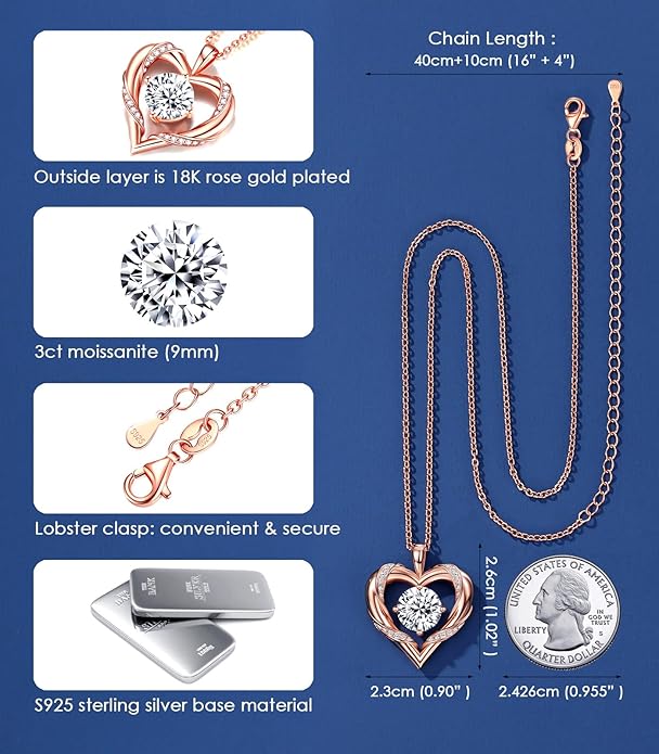 Beam & Bask 2-3 Ct Moissanite Heart Necklaces for Women, 18K Gold Plated Romantic Pendant for Anniversary Birthday, 925 Sterling Silver Jewelry for Wife Girlfriend Mom Her
