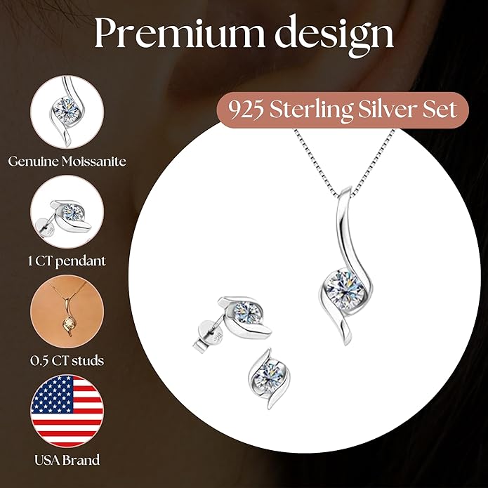 Exquisite Moissanite & 925 Sterling Silver Jewelry Set: Trendy European Design with Pendant (1 Carat, 1/4-inch, 6.5mm) and Earrings (Each: 0.5 Carat, 3/16-inch, 5mm) – Elegant Leather Gift Box Included