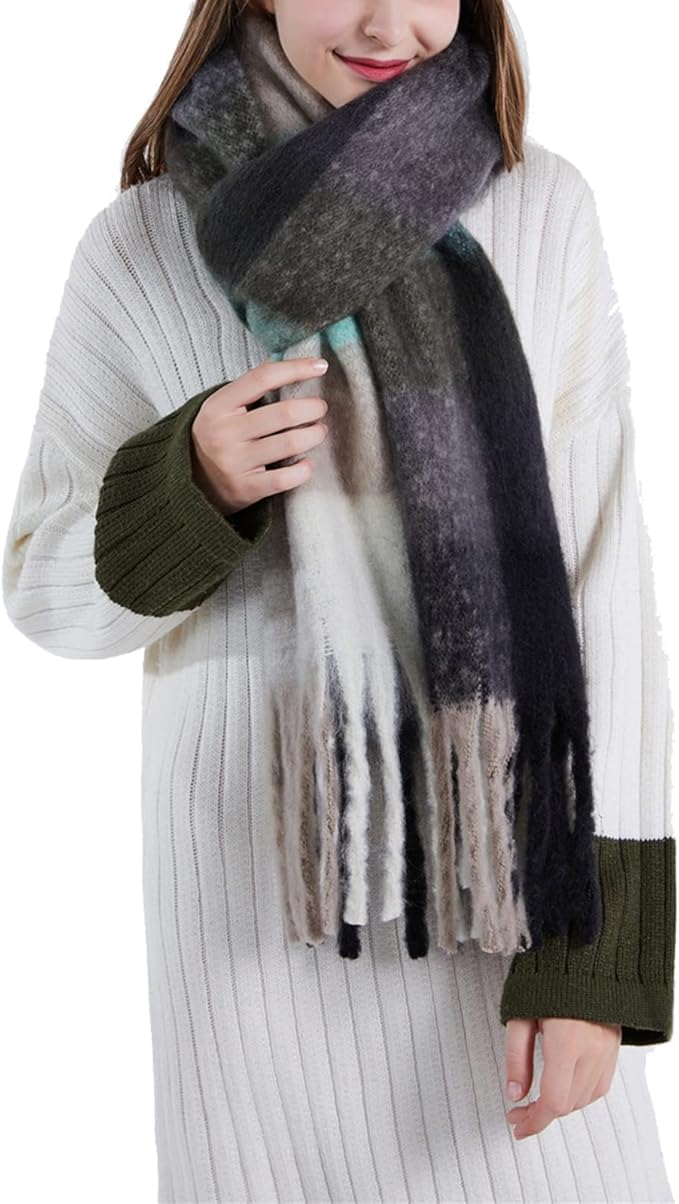 SHOHOKU Large Chunky Plaid Scarf Coloured Checked Oversized Scarf Tassel Soft Fall Winter Thick Warm Shawl Women