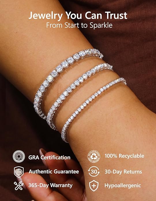 KRKC&CO Lab-Grown Moissanite Tennis Bracelet Women, Luxury Anniversary Wedding Bridal Gift for Wife, 2.2-13.8 ct.tw, D Color VVS1, 925 Sterling Silver 14K Golden Plated, Hypoallergenic, Everyday Jewelry