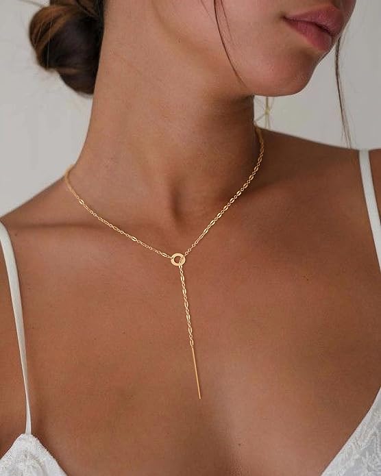 Lariat Necklaces for Women - Dainty Long Necklace Trendy 14K Gold Plated Hypoallergenic Layered Long Y-Shape Sunburst CZ T-Bar Pendant Drop Chain Necklace Set for Women Non Tarinsh Jewelry Gift