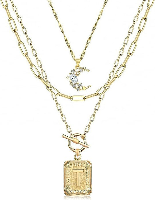 MJartoria Layered Initial Necklaces for Women Trendy, 14K Gold Plated Brass Simple Moon Choker Square Letter Pendant Necklace, Paperclip Chain Necklaces Jewelry Gifts