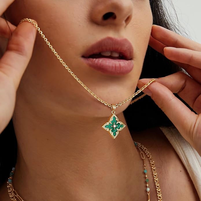 Fettero Gold Clover Necklace for Women Dainty 14K Gold Plated CZ Pendant Necklace Adjustable Chain Choker Charm Colorful Clover Pendant Lucky Necklaces for Women Jewelry