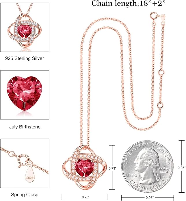 Iefil 925 Sterling Silver Love Knot Birthstone Necklace, Natural or Created Gemstone, Anniversary Birthday Gifts for Women, Jewelry Gifts for Wife Mom Girlfriend