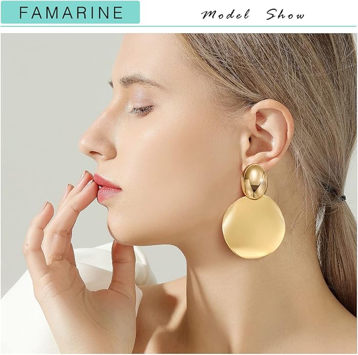 FAMARINE Big Disc Drop Earrings Gold Dangle Earrings Round Hammered Earrings Women