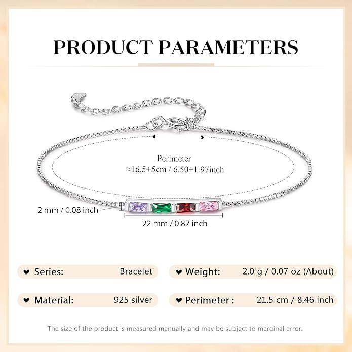 925 Sterling Silver Personalized Mom Birthstone Bracelets for Women — Custom Adjustable Dainty Jewelry for Mother’s Day, Birthday, Christmas Gifts for Mom Grandma Wife
