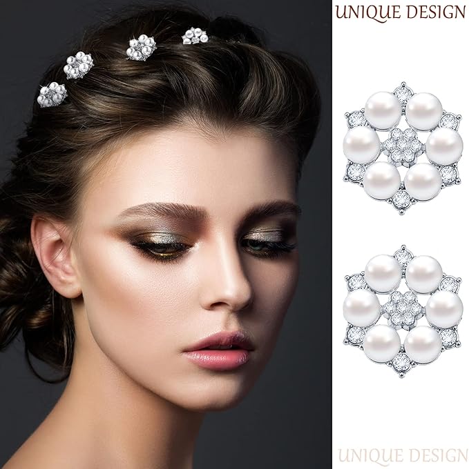 Hicarer 44 Pieces Pearl Rhinestone Buttons Rhinestone Faux Pearl Embellishments Brooch Alloy Floral Pendants for Jewelry Making Party Wedding Bridal Bouquet DIY Home Decoration(Silver)