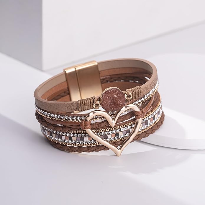 FANCY SHINY Heart Leather Wrap Bracelets Stackable Boho Cuff Bangles Trendy Resin Stone Rhinestone Bracelets with Magnetic Clasp for Women