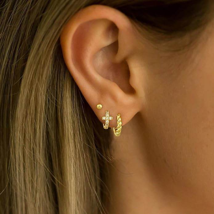 Gold Hoop Earrings Set for Women 14K Gold Silver Plated Huggie Earring Pack Multiple Piercing Dainty Cartilage Earring Hypoallergenic Trendy Cubic Zirconia CZ Earring Stack Jewelry Gifts