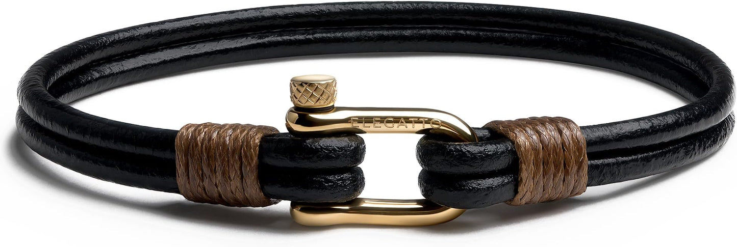 Elegatto Helix Premium Vintage Leather Bracelet for Men | Double Black Leather Strands with Sterling Silver Polished Mini Shackle Closure | Men’s Designer Jewelry