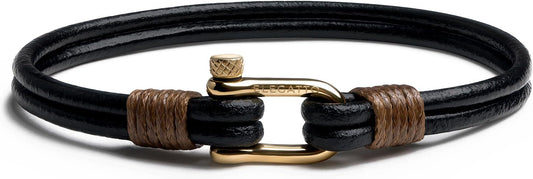 Elegatto Helix Premium Vintage Leather Bracelet for Men | Double Black Leather Strands with Sterling Silver Polished Mini Shackle Closure | Men’s Designer Jewelry